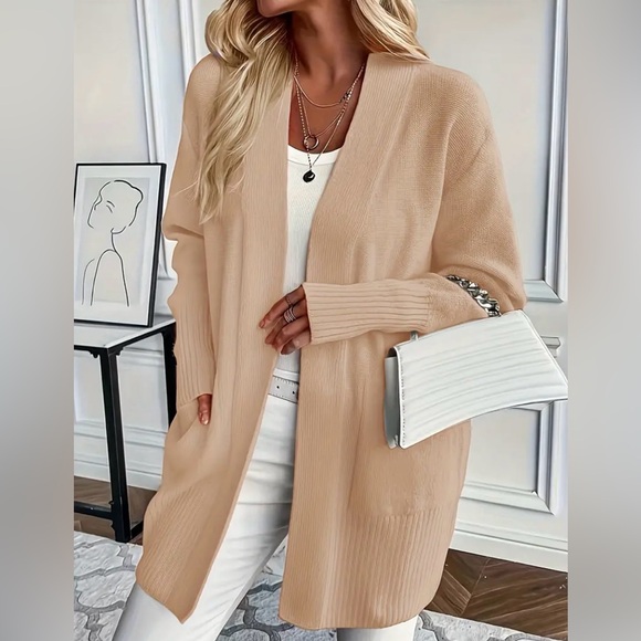 KNIT OPEN FRONT CARDIGAN WITH POCKETS KHAKI NIP - Picture 3 of 3